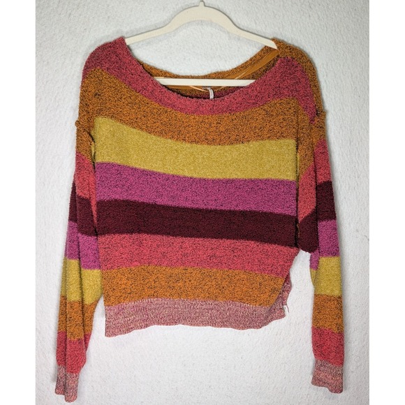 Free People Sweaters - Free People Women Striped Knit Sweater Pink Orange Yellow Boat Neck Medium